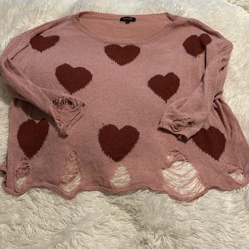 Amaryllis Pink & Rose Heart ❤️ Sheer Off Shoulder Distressed Printed Sweater L